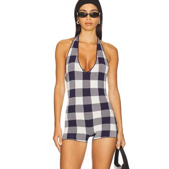 SER.O.YA Aro Romper in Navy Blue Black & Eggshell White Gingham Plaid Small - Picture 1 of 9